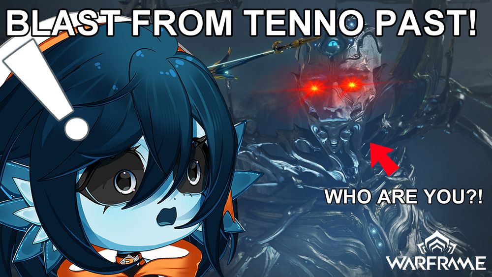 An image of a giant Sentient boss from the new Old Peace update in Warframe. Beanie, a blue fish girl with short dark blue hair, seems very startled by this creature. The text reads "BLAST FROM TENNO PAST!" and "WHO ARE YOU?!" with an arrow pointed to the Sentient