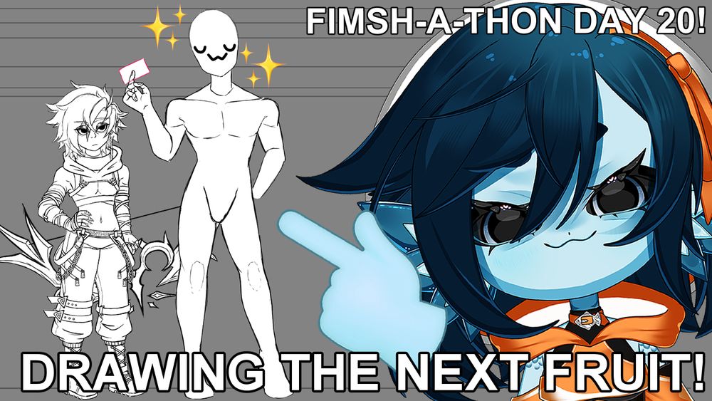 A WIP art piece, currently rendered in black and white on a gray background. It depicts Whisper, a short ranger in techwear and wielding a huge bow, and Neo, who's much taller and holding a playing card. Neo is just a base body with no proper traits yet besides the pose. Beanie, a blue fish girl with short dark blue hair is pointing at the drawing with pride. The text reads "FIMSH-A-THON DAY 20!" and "DRAWING THE NEXT FRUIT!"
