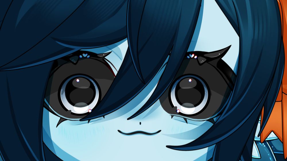 A very close up image of Beanie, a blue fish girl with short dark blue hair. An orange ribbon is visible on the right hand side of the screen.
