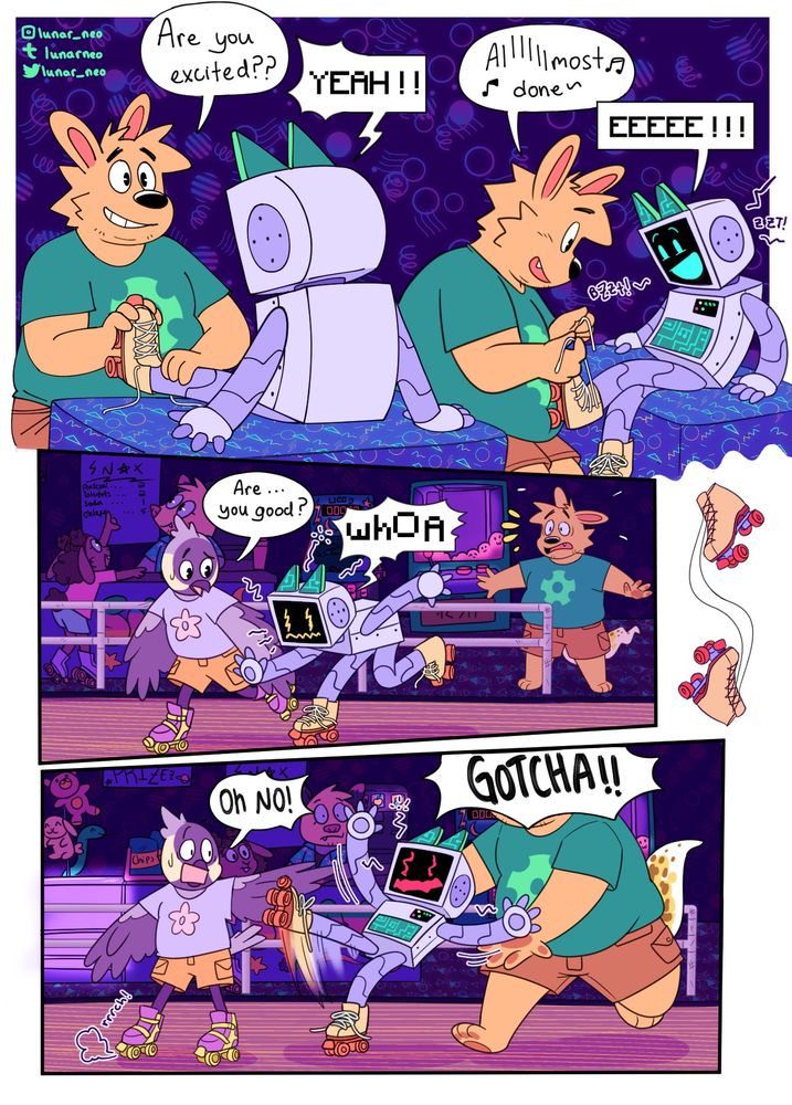 Panel 1: Kevin-"Are you excited?", K.2-"YEAH!", Kevin-"Allllmost done~", K.2-"EEEEEE"
Panel 3: Davy-"Are... you good?", K.2-"whOA!"
Panel 4: Davy-"OH NO!", Kevin-"GOTCHA!!"
