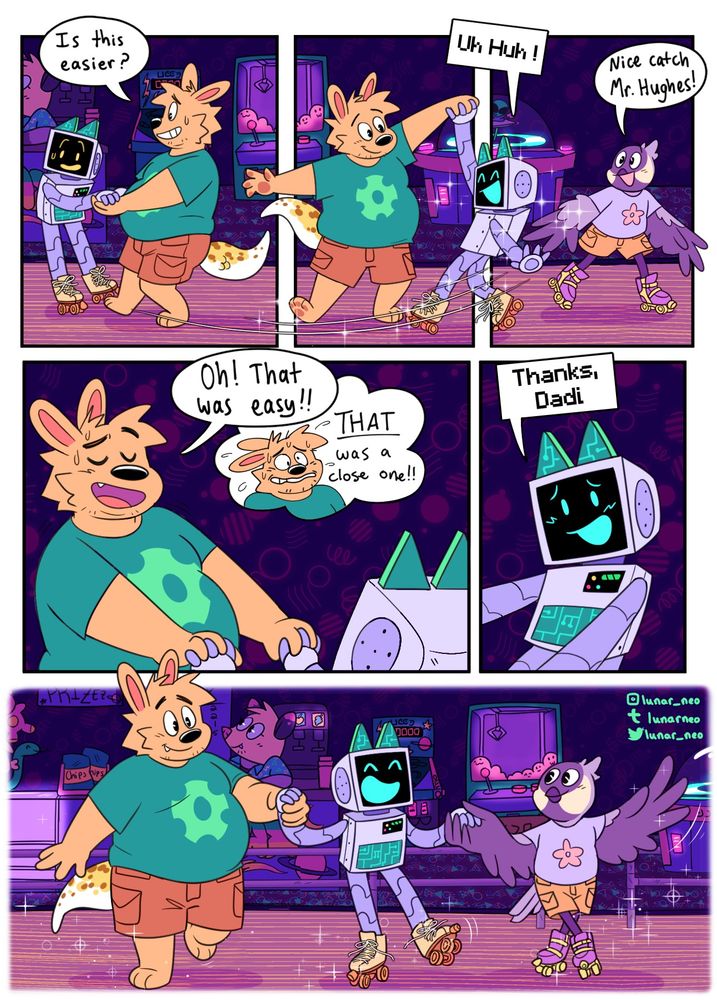 Panel 1: Kevin-"Is this easier?"
Panel 2: K.2-"Uh Huh!", Davy-"Nice catch Mr. Hughes!"
Panel 3: Kevin-"Oh! That was easy! (THAT was a close one!)" 
Panel 4: K.2-"Thanks, Dadi" 