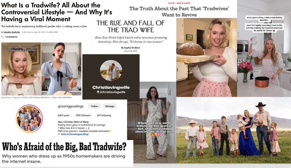 Abgebildet ist eine Collage aus Screenshots von Tik-Tok-Videos, Accounts, und Nachrichten-Schlagzeilen von und über Headlines. Die Screenshots zeigen junge Frauen, oft in der Küche und beim Kochen, oder eine Familie im Farm-Look auf einer weiten Grassfläche mit 8 Kindern. Die Schlagzeilen lesen etwa: "The rise and fall of the trad wife", "What is a tradwife? All about the controversial lifestyle - and why it's having a viral moment", "The truh about the past that tradwives want to revive" and "Who's afraid of the big, brad, tradwife?"