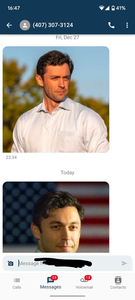Text app showing two photos of Jon Ossoff looking handsome and American, sent on Dec 27 and then a second one today, from an unknown sender.