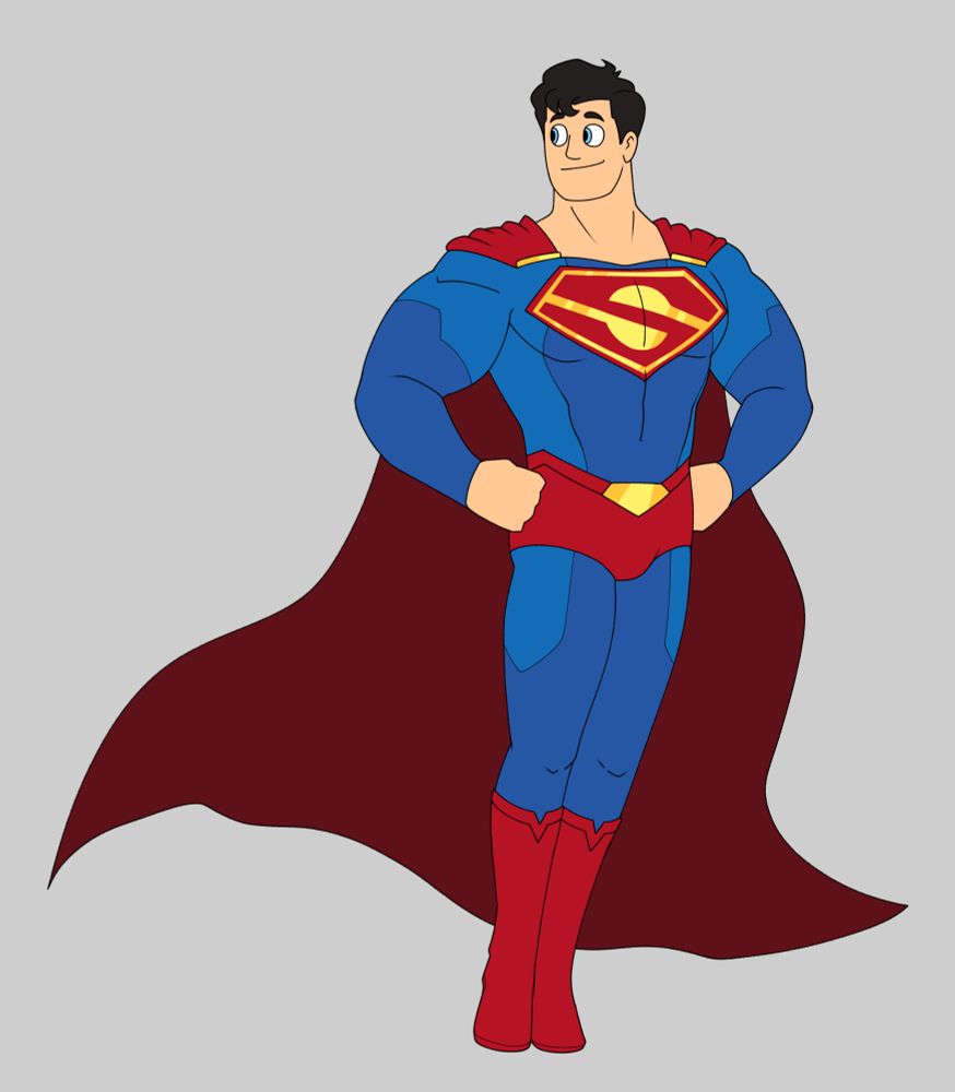 List of changes:
- Iraised his eyebrows a bit more
- widened his nose
- changed the smile to be a tad bit expressive
- changed the blue colors into a warmer and lighter hue with an addition of lineart
- the boots look more like boots now
- changed the hue of the underside of the cape


The biggest change had to be the crest/symbol on his chest because it looked nothing like an S and too much like a yin and yang, so I changed it into something else like these parallel "measuring spoons" that move in the opposite directions, resembling both what could be what humans perceive to be an "S" shape and the kryptonian symbol of hope.