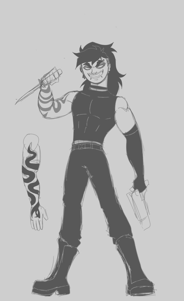 He was gonna be one of the newbies that SQ hired, he's a hitman with a messy fighting style that involves a lot of stabbing. He's got snake motifs here and there from the eyes, fangs, snakebite piercings, and the obvious tattoo of his right arm.