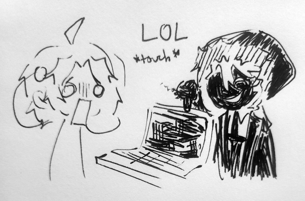 demonstration doodle of oc static ruining a poor guy's laptop