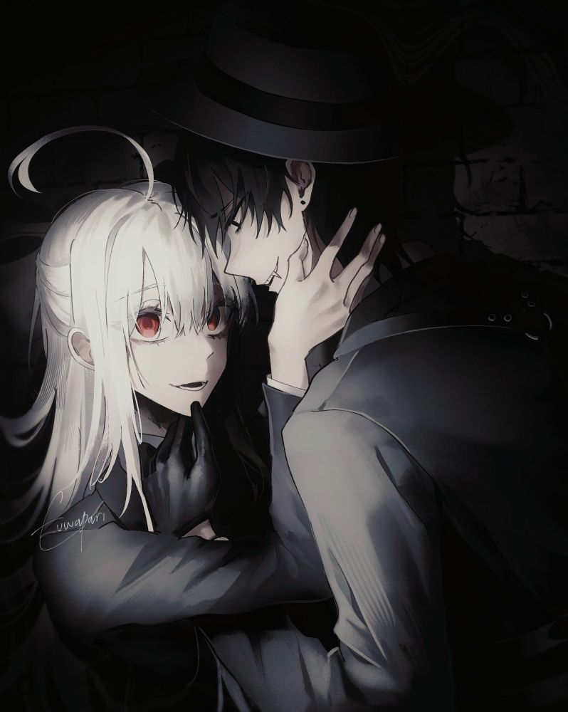 digital art of silver haired woman and black haired man