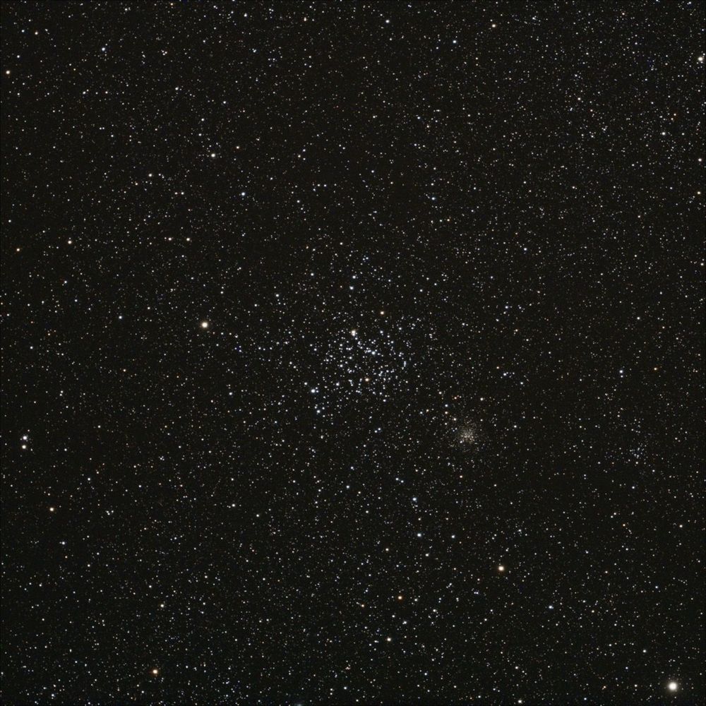 The faint star cluster known as M35 is visible as a loose concentration of stars against a background of hundreds of fainter stars. A much smaller and fainter star cluster is located near M35. Image credit: Kym Thalassoudis