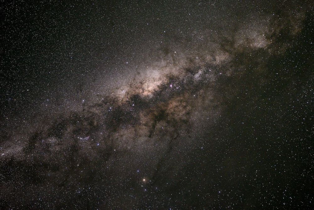 The core of our Milky Way galaxy showing a central condensation of stars and many dark regions where dust inhibits the passage of distant star light. Image: 1x30 sec with Nikon D750 + Tamron 15-30mm at f/4. Credit: Kym Thalassoudis