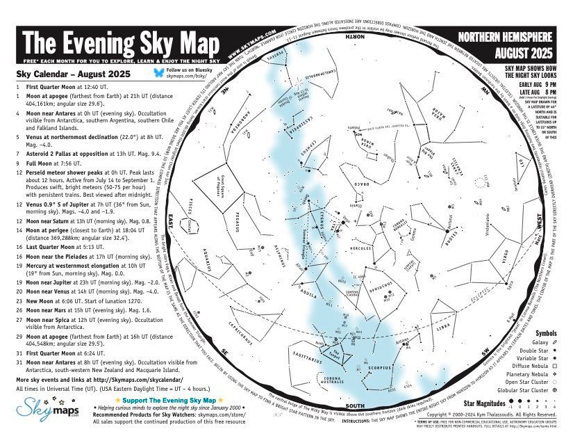 The Evening Sky Map is a 2-page monthly publication that features an all-sky map of the night sky, a calendar of celestial events, and a list of celestial objects visible to the naked eye, binoculars and telescopes.