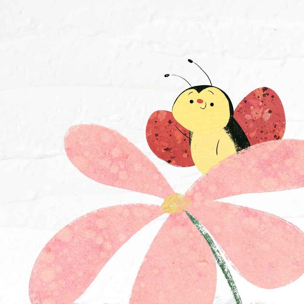 Digital Illustration in reds and pinks by Rob Sayegh Jr: a cute, smiling bug in red and yellow sits on a pink flower