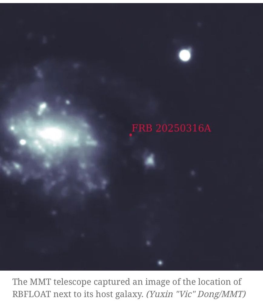 A photo of a sparkling spiral galaxy with the FRB marked. The caption shows a credit to Yuxin “Vic” Dong.