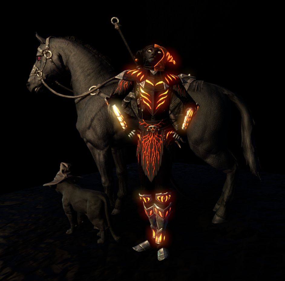 Chakrii-jo (Khajiit) wears a Hollowjack jester costume and a silly pose, with his black horse and cat behind him.