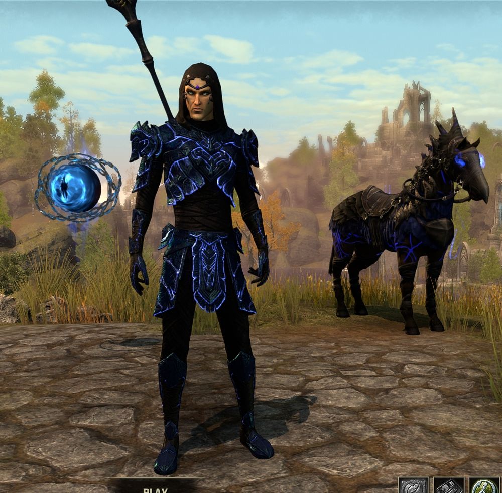 An image of a masculine Altmer from the character loading screen of Elder Scrolls Online. He wears lightweight, dark blue and black armor and has a pet and mount of a similar color and style. He's very obviously a member of the Order of the Black Worm, the most prominent and villainous cult in the game. The armor has only a fabric wrap around the middle, highlighting the elf's slim waist.