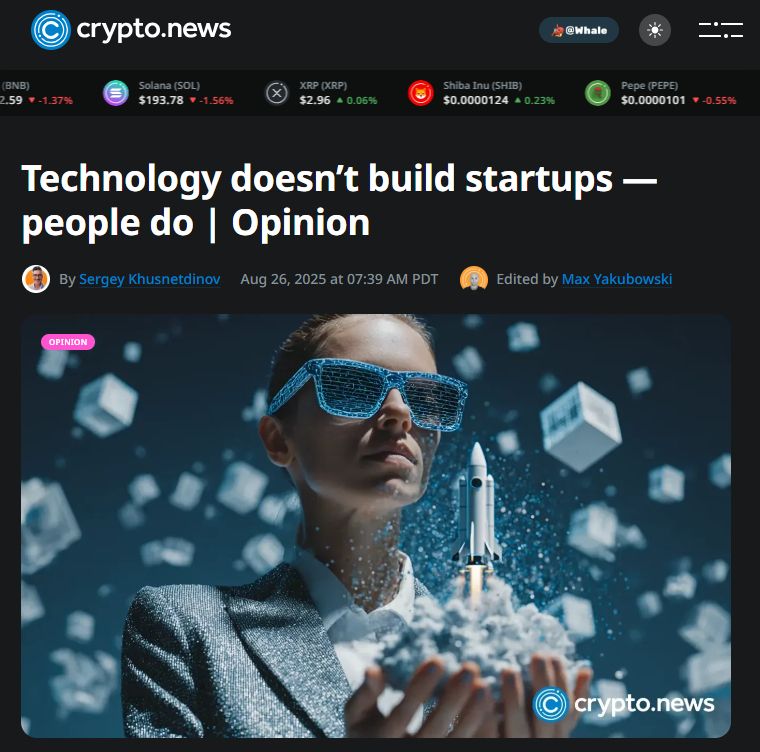 "Technology doesn’t build startups — people do | Opinion." It's accompanied by an AI generated image.
