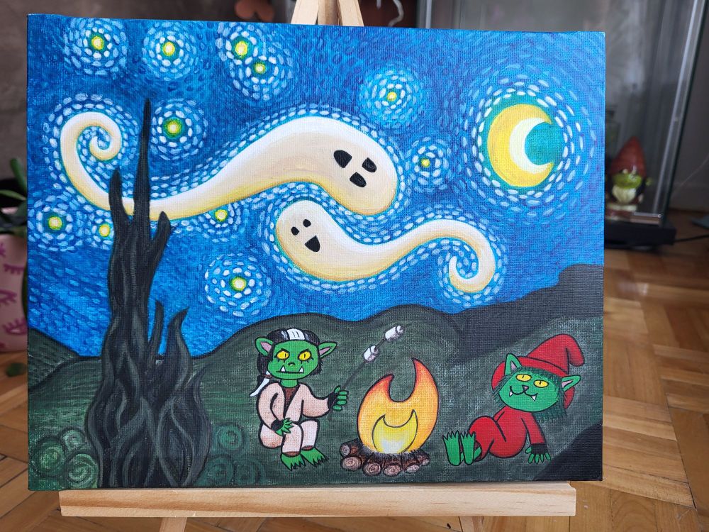Van Gogh's Starry Night but with two goblin brothers enjoying a campfire
