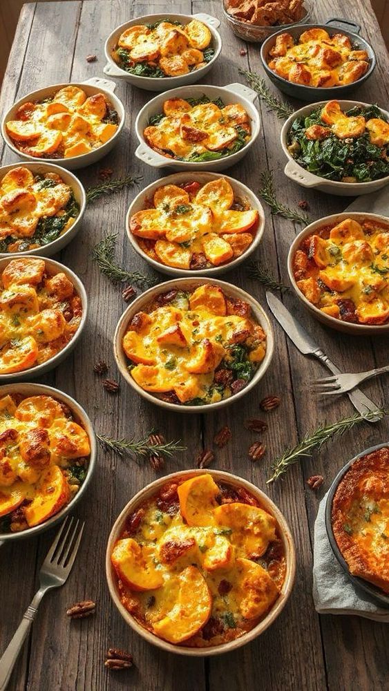 Auf einem Tisch stehen mehrere Schüsseln mit Kürbis-Auflauf?