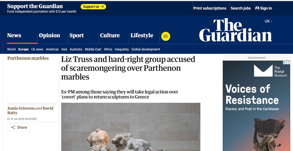 Screenshot of Guardian article: "Liz Truss and hard-right group accused of scaremongering over Parthenon marbles.
Ex-PM among those saying they will take legal action over ‘covert’ plans to return sculptures to Greece,"