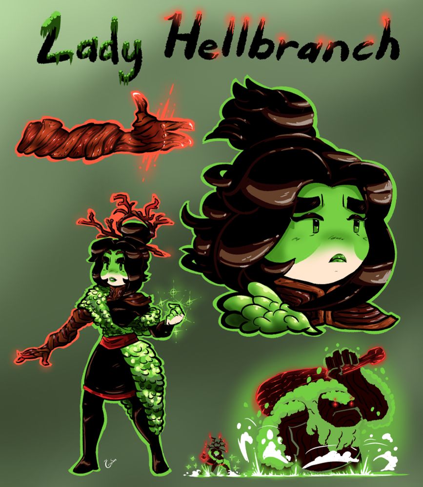 Digital illustration of a woman in dark clothing covered in wood and moss. Her right arm is made of a kind of twisted wood that matches twigs that glow pinkish-orange softly in her hair. Her face is painted mostly green with matching dark green lipstick. The lower right image shows her summoning a construct of wood and moss with a glowing club.