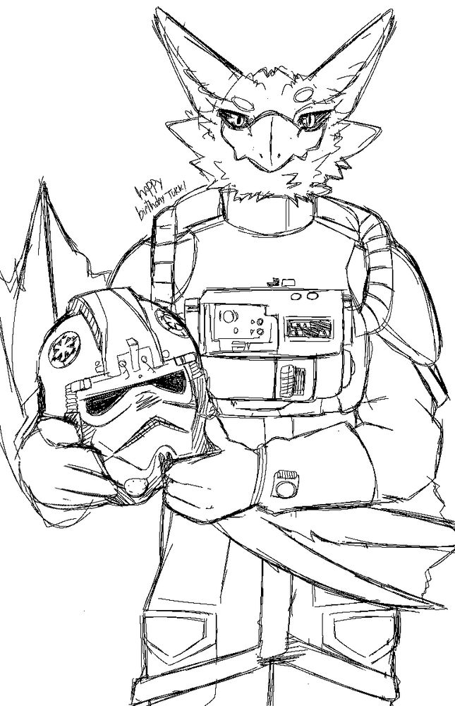 Tukk the Nargacuga wearing AT-AT pilot gear, holding a helmet under his right arm.