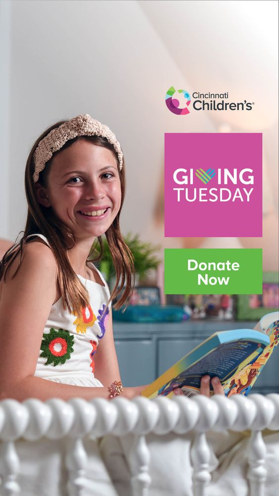 Bea sits with a book. The text reads, "Giving Tuesday. Donate now."