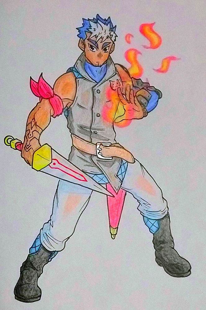Azarae, a young man with blue and white hair, an athletic build, and tattoos. 
He wears a collared grey vest with blue accents vest over a blue body suit, white pants, and black boots with blue accent. 
His left arm has a blue sleeve with bits of light black/grey armor, and on his right bicep he wears a red bandana. 
He's holding a short sword in his right hand and manifesting a fire spell in his left. 