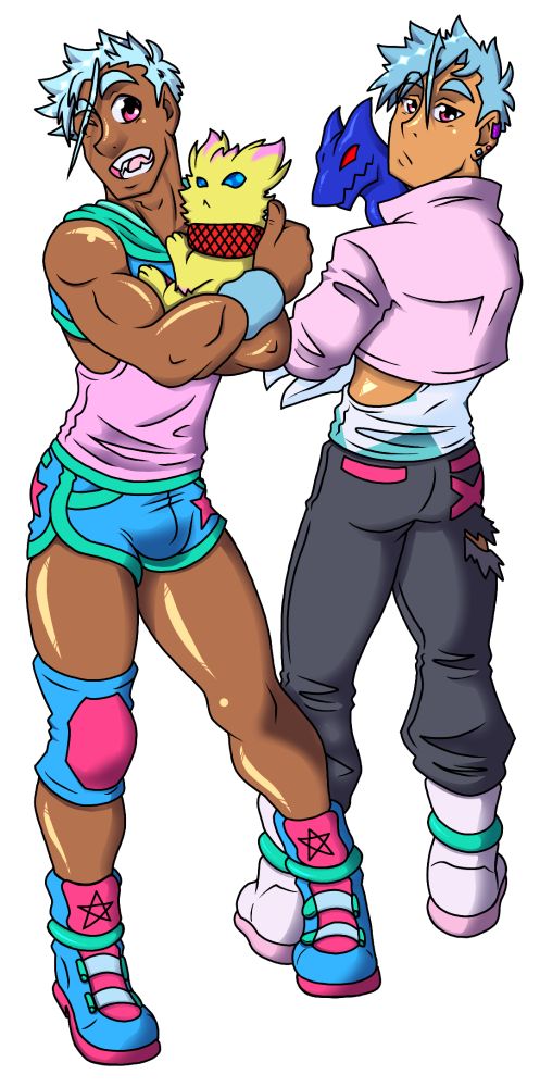 Drawing of the twin incubi, Katakato and Spurius. 
Katakato is wearing his hooded crop top over a pink tank top, tiny jogging shorts, a knee pad over his right knee, and sporty high top shoes. 
Spurius is wearing his pink, cropped jacket over a white and teal low cut tank top, grey pants, and pink high tops. 
Katakato is holding his dog, Manis, and Spurius has Draco. 