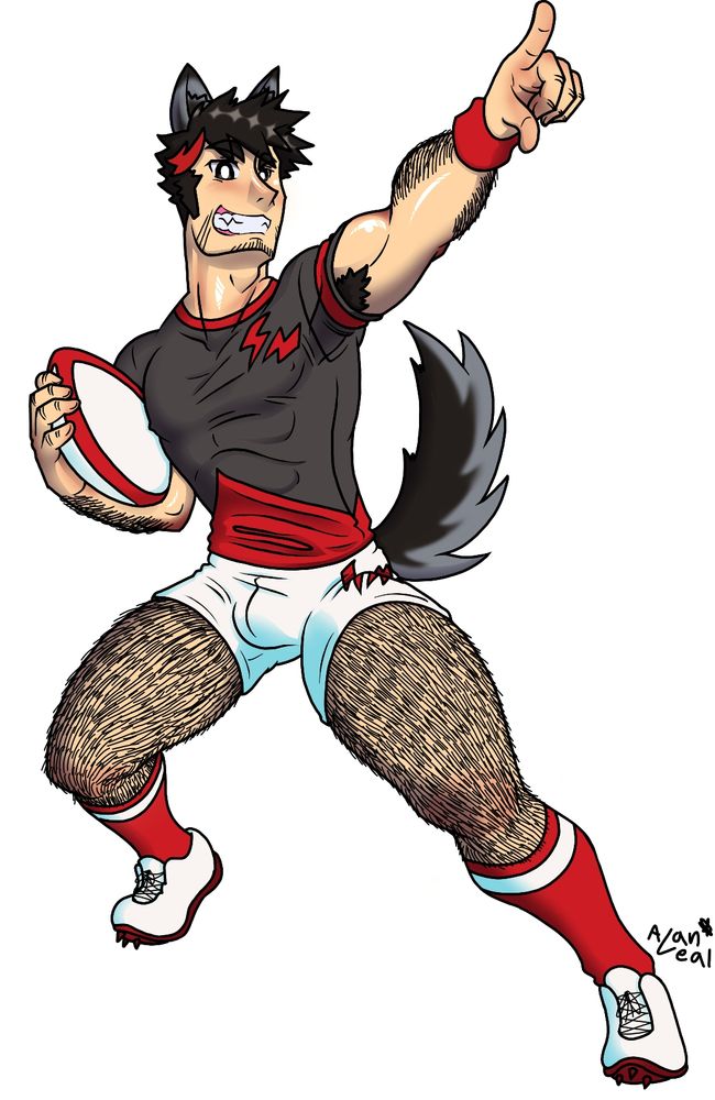 @cyart.bsky.social 's werewolf boy, Dante, in a black, red, and white rugby uniform, holding a rugby ball and pointing to the sky's. 