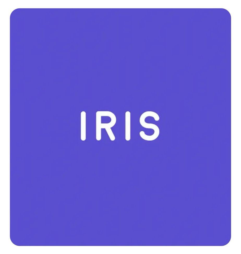 A deep purpley-blue square with the word “IRIS” in white on top