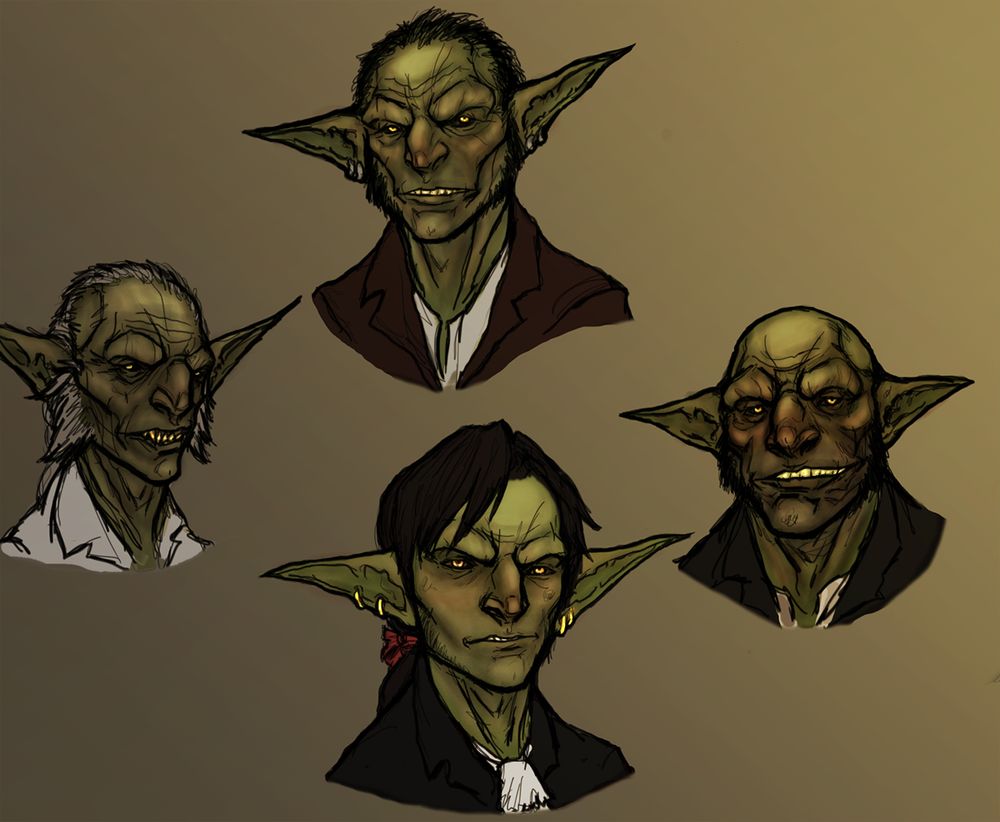 A coloured digital drawing of four Cove Goblins from OnHolyServiceBound's Westwall fantasy setting.
The four characters are part of The Coraelli Family.
They are slave merchants, with the elders Coraelli on the right being Harkin Coraelli. A wrinkled and decrepit medical examiner with a shady and creepy demeanor. He has swept back grey hair and matching grey sideburns, wearing a white lab coat. 
The second on the top middle is Gambin Coraeill, the head of the family. He has a cunning look, with dark black hair and sideburns and glowing holdene yes. He is wearing a brown suit.
Under him on the bottom middle is Candin Coraelli, a young and handsome (For a goblin) family member. He is the youngest and most idealistic, he has black hair with bangs, and a black suit, with gold earrings on his long pointy ears.

Finally to the left is Baerin Coraelli, a larger more robust looking Goblin, with a bald head, large chin, and a warm but sleazy expression. He is wearing a dark brown suit and is the thug of the family.