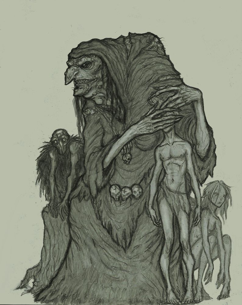 A greyscale traditional concept drawing with an olive overlay of a great hag from OnHolyServiceBound's original fantasy setting called Westwall. The hag is a hulking hook nosed and grotesque woman, with long greasy black hair strands and large warts, she has a sharp teethed smile and evil eyes. Her tattered robes are adorned with the skulls of infants and she is using her long clawed fingers to cover the eyes of a soul sapped youth. On the left of the image a boggart sits by her on a stump, and to the right a second soul sapped youth squats nearby.
