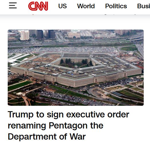 A crisp aerial view of the Pentagon in Washington, D.C.—five sides of bureaucracy and power. Trump wants to slap a “Department of War” label on this symbol of U.S. defense, all while chasing a Nobel Peace Prize he’ll never touch. The irony is thick: a man who can’t spell diplomacy trying to trademark aggression. From above, the building looks solid and steady—everything Trump isn’t. This isn’t peace—it’s posturing in concrete.