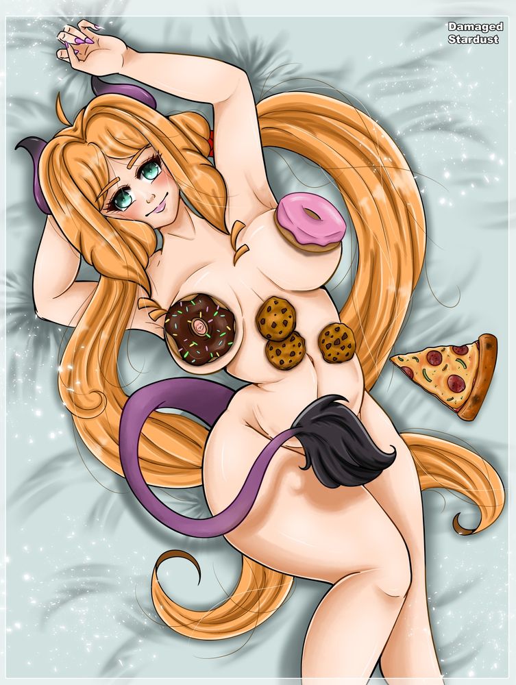 demon OC succubus girl with food across her belly