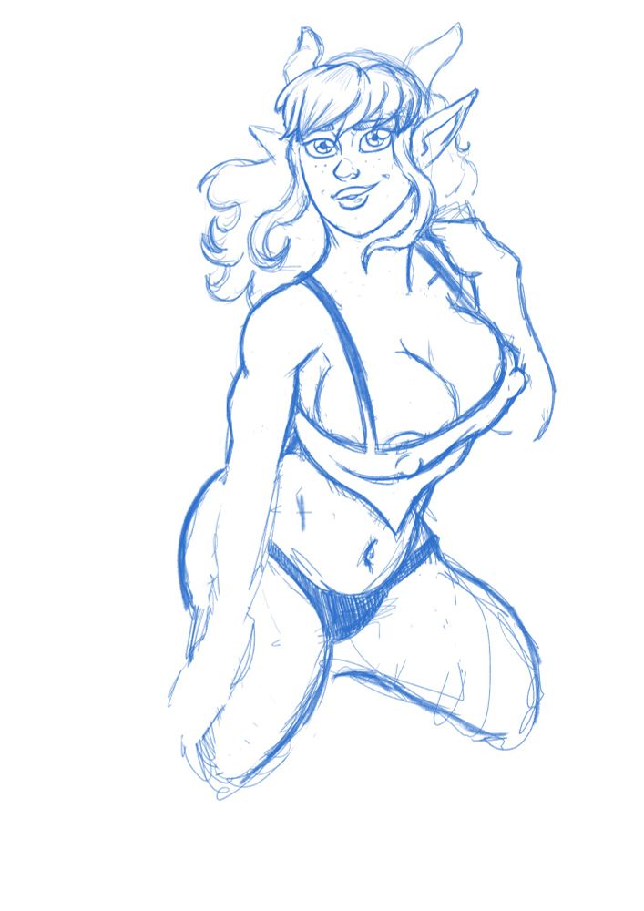 A blue pencil digital drawing of a tiefling lady. The anatomy is off.