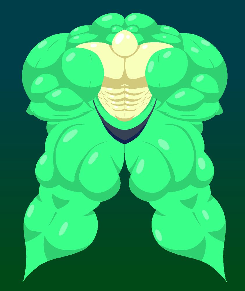 An extremely muscular anthropomorphic frog flexing their arms.