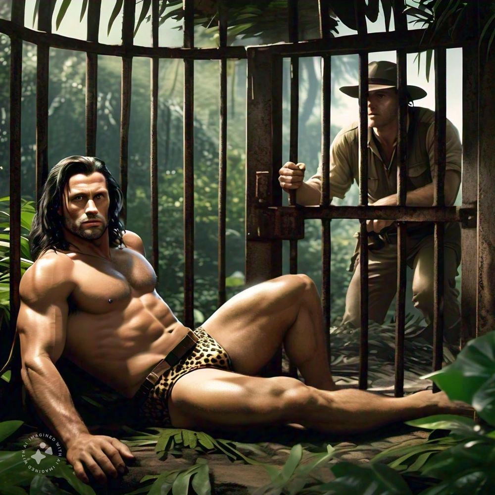 Tarzan trapped in a cage while the hunter that captured him looks on.