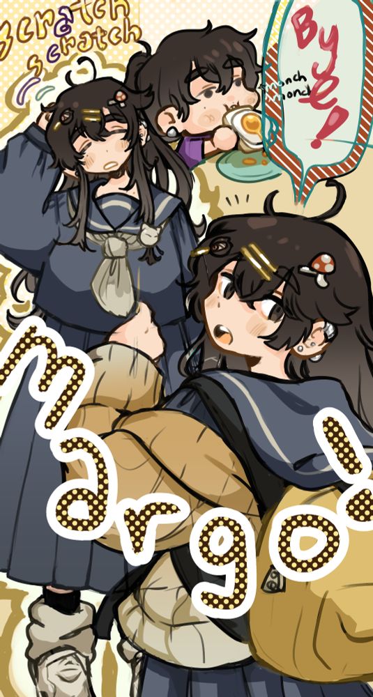 Wonderful piece of art showing Akiaji Margo in three stages, eating egg and toast, trying to wake up and ready to leave for school.