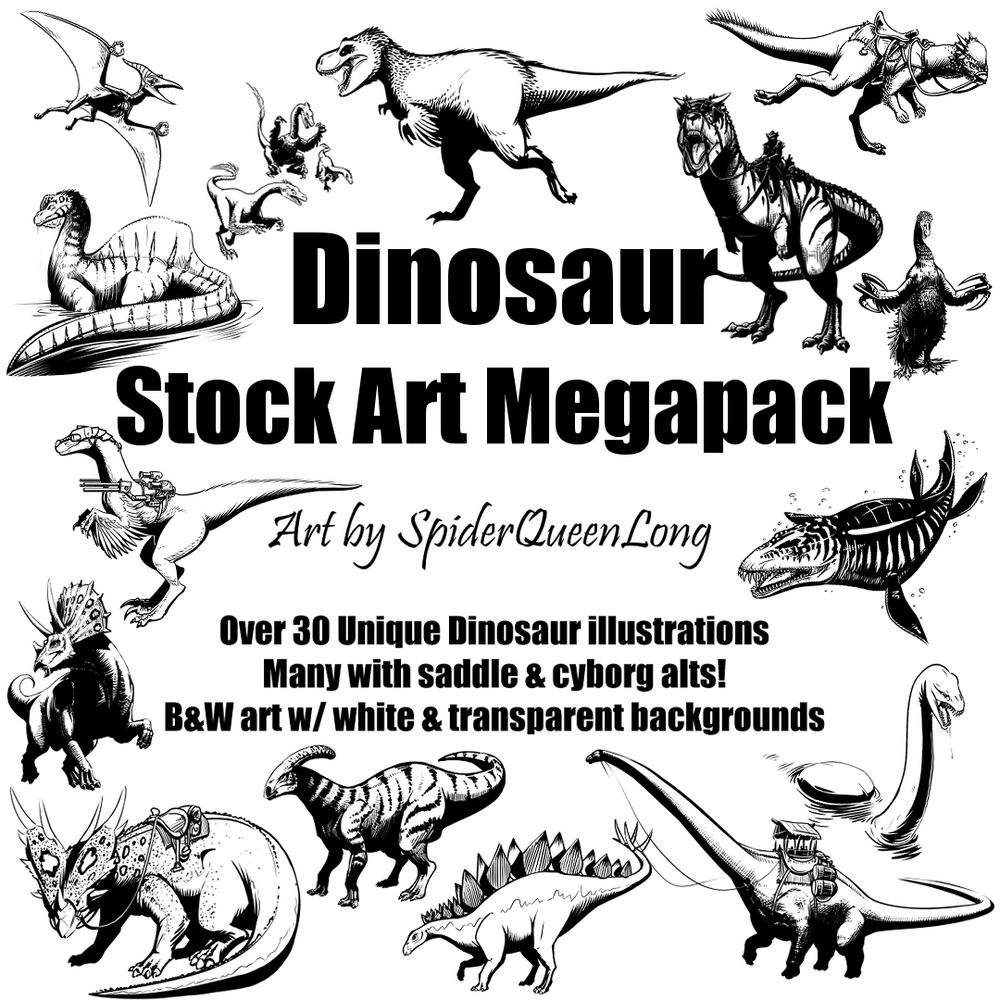 Cover of "Dinosaurs stock art pack" showing off B&W Dino art