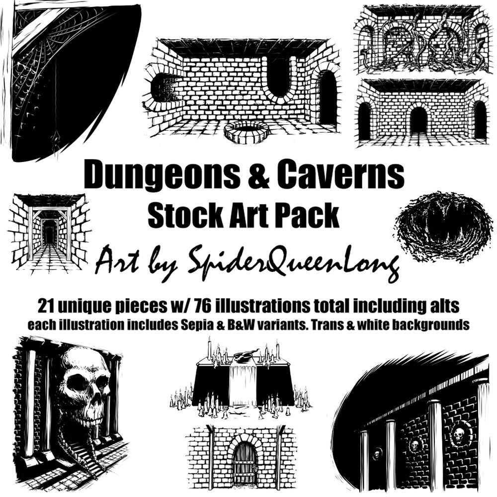 Cover of "Dungeons & Caverns stock art pack" showing off B&W Dungeon location art