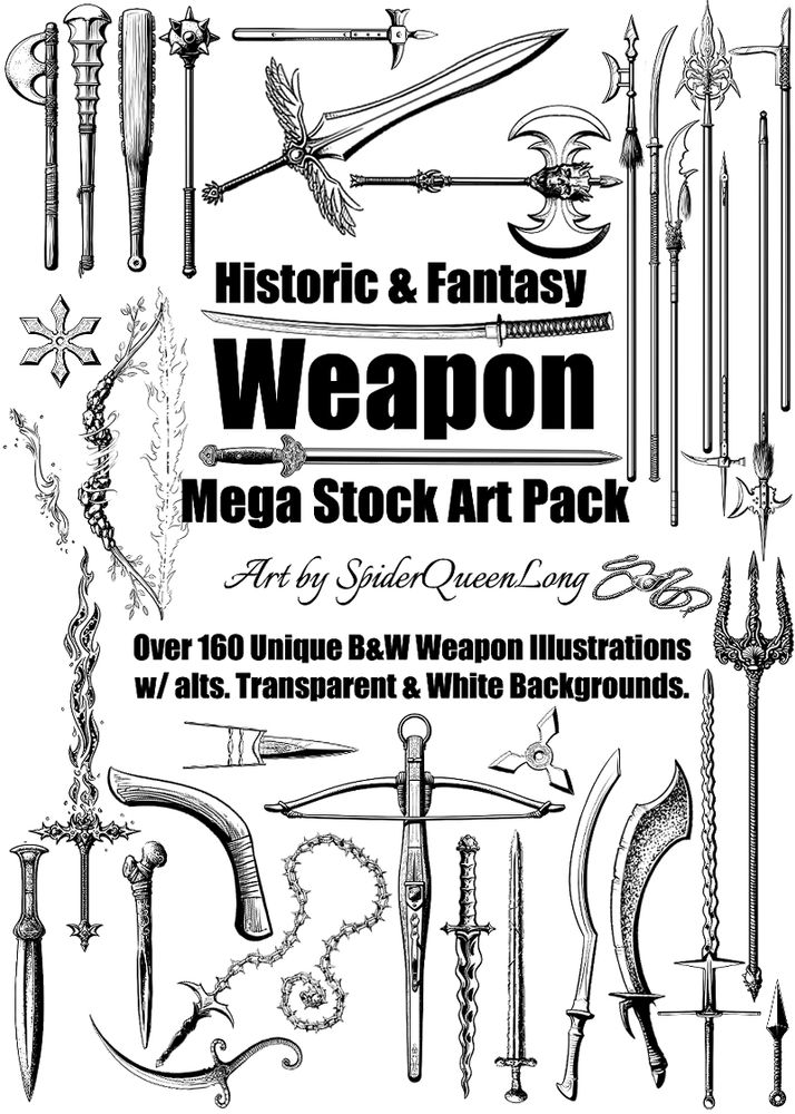 Cover of the Weapons Stock Art Pack showcasing a diverse, and in some cases, quite creative array of weapons from across cultures and genres!