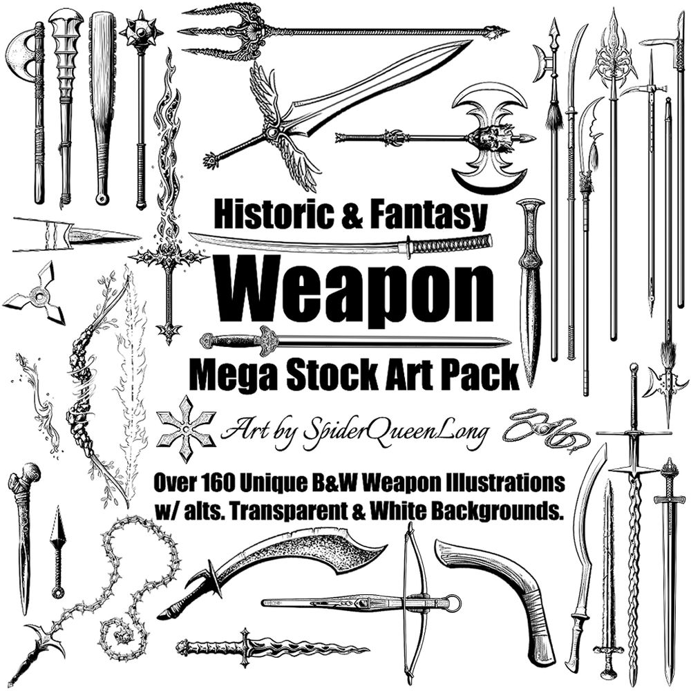 Cover of "Weapons stock art pack" showing off b&W weapon art
