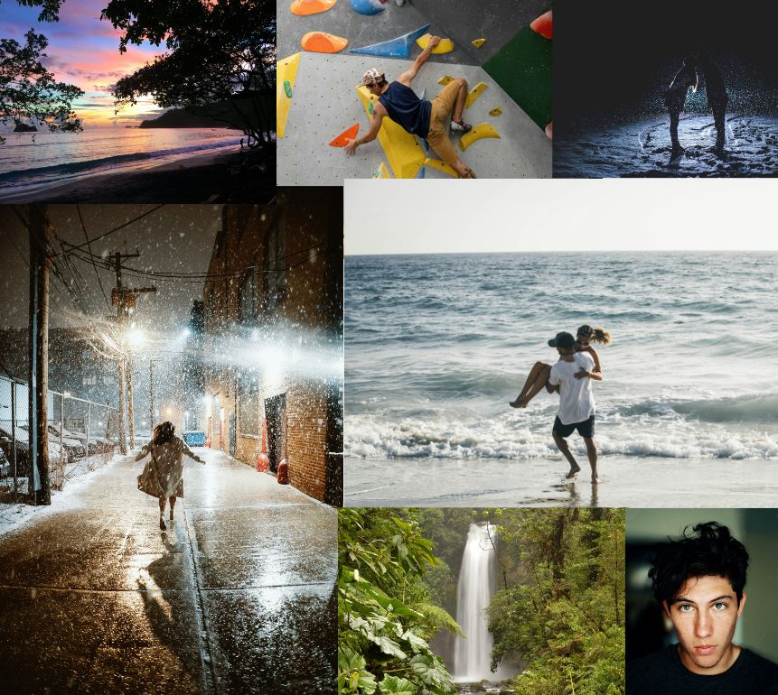a grid of photos including a beach at sunset, a man doing indoor rock climbing, a couple kissing in the snow, a girl running down a snowy street, a couple playing in the waves, a waterfall, a guy with messy hair