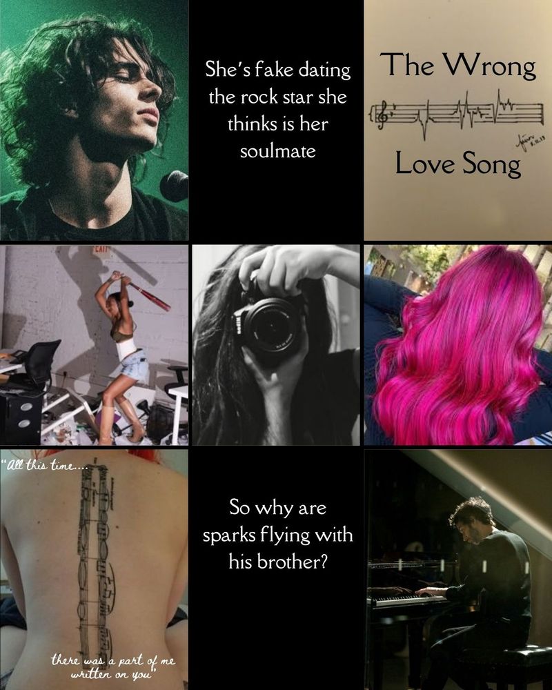 Grid with a man and microphone, text: She's fake dating the rocker she thinks is her soulmate, text: The Wrong Love Song with sheet music, a woman with a bat in a rage room, a woman with a camera, bright pink hair, a back tattooed with music with text: All this time there was a part of me written on you, text: So why are sparks flying with his brother?, a man playing a piano