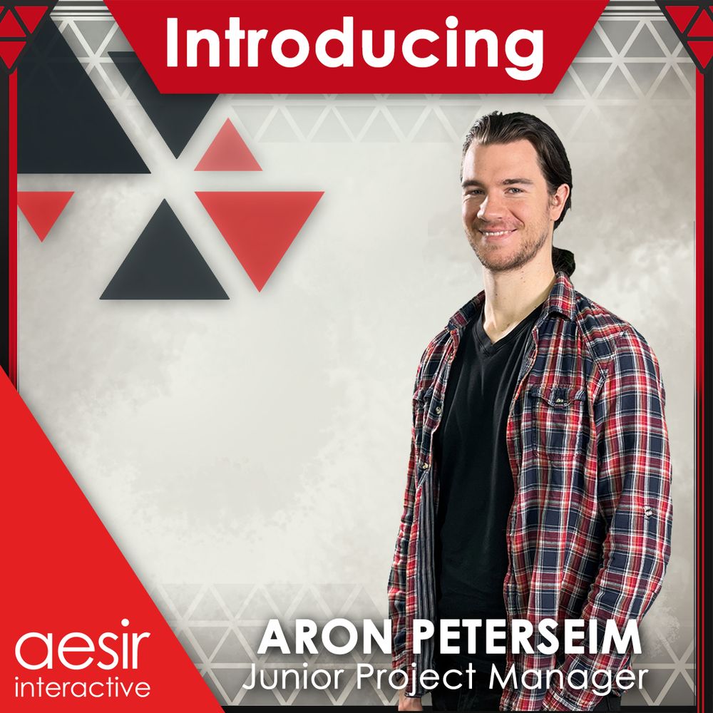 Image of an employee smiling into the camera, standing 45 degrees. They are surrounded by a graphic banner which says "Introducing", "Aron Peterseim", "Junior Project Manager", and "Aesir Interactive".