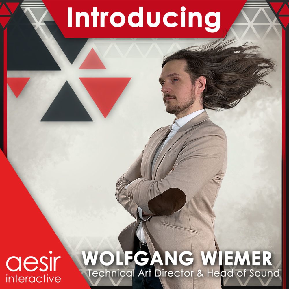 Heroic image of an employee looking at the camera, standing 45 degrees. His long brown hair blows strongly in the background. They are surrounded by a graphic banner which says "Introducing", "Wolfgang Wiemer", "Technical Art Director & Head of Sound", and "Aesir Interactive".