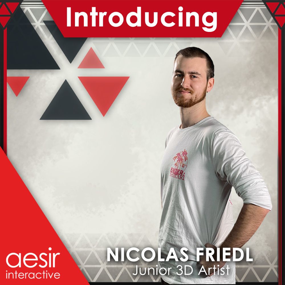 Image of an employee smiling into the camera, standing 45 degrees. They are surrounded by a graphic banner which says "Introducing", "Nicolas Friedl", "Junior 3D Artist", and "Aesir Interactive".