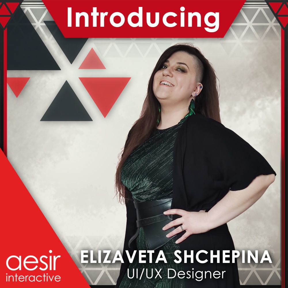 Image of an employee smiling into the camera, standing 45 degrees. They are surrounded by a graphic banner which says "Introducing", "Elizaveta Shchepina", "UI/UX Designer", and "Aesir Interactive".