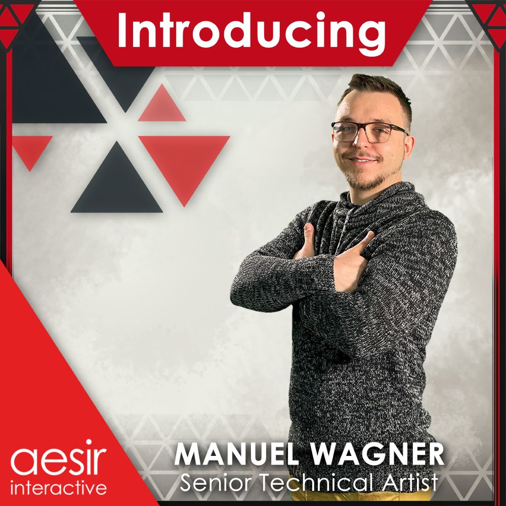 Image of an employee smiling into the camera, standing 45 degrees. They are surrounded by a graphic banner which says "Introducing", "Manuel Wagner", "Senior Technical Artist", and "Aesir Interactive".