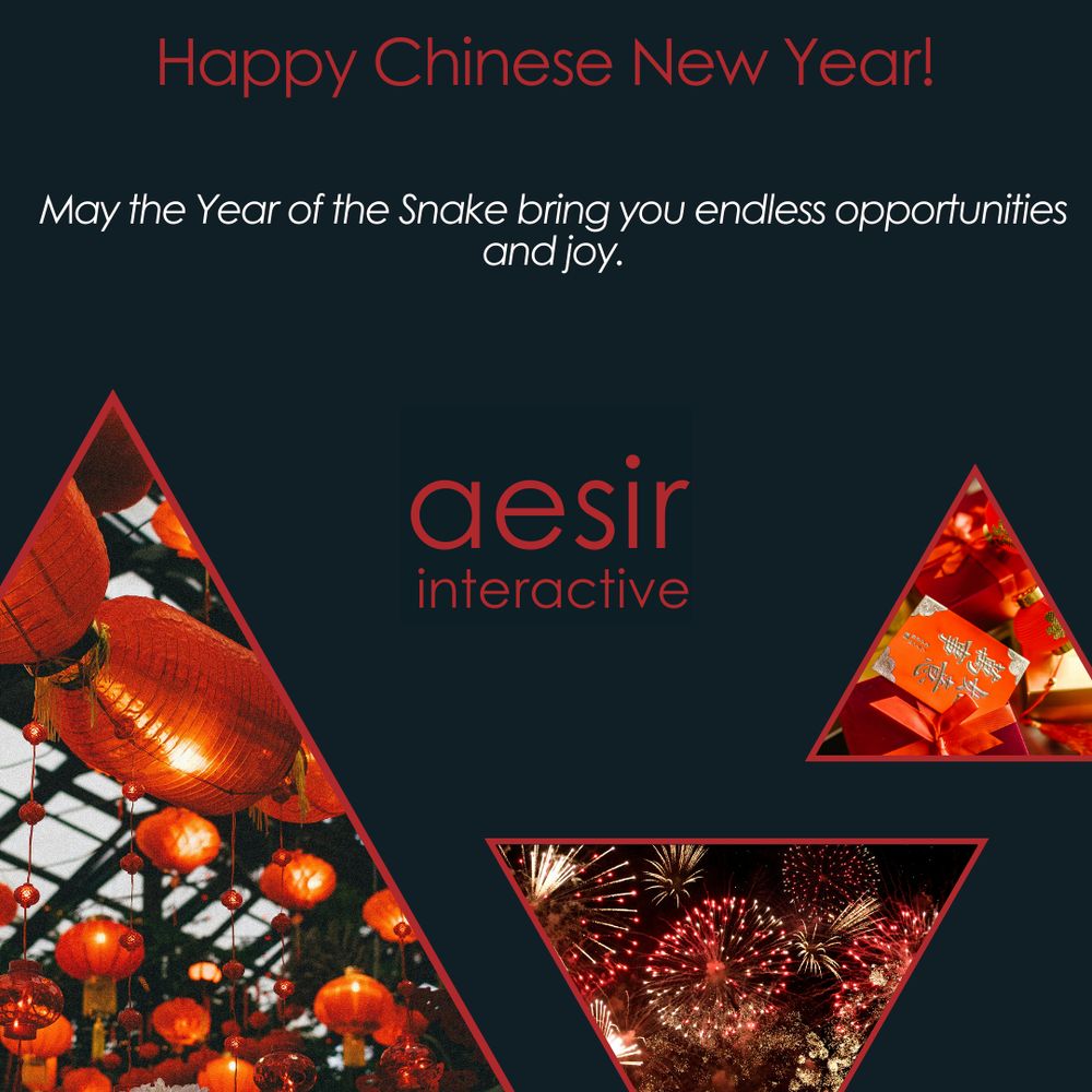 An image celebrating Chinese New Year. Top half of image has three areas of text: "Happy Chinese New Year!", "May the Year of the Snake bring you endless opportunities and joy.", and "aesir interactive". The bottom half of the image is 3 framed triangles, each with a relevant image of celebration: Lit paper lanterns, a red envelope, and fireworks.