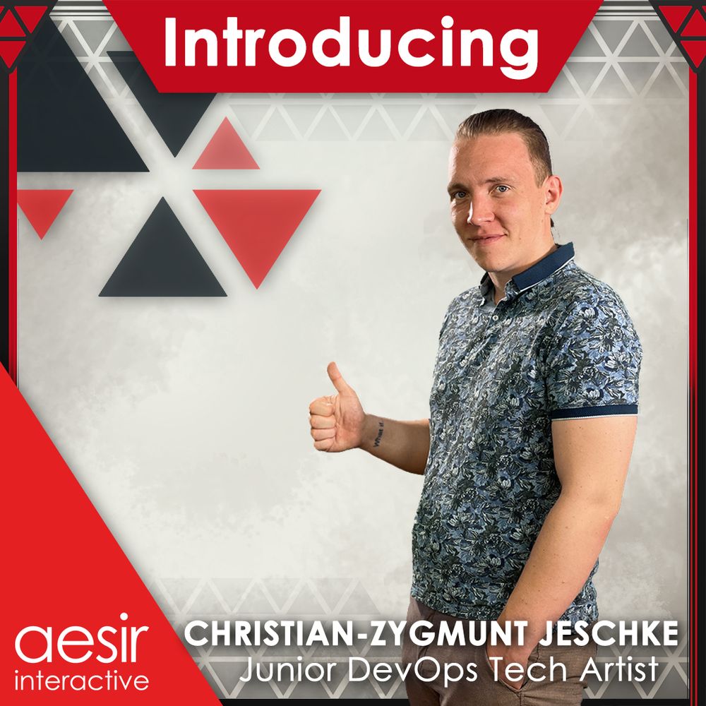Image of an employee smiling into the camera, standing 45 degrees. They are surrounded by a graphic banner which says "Introducing", "Christian-Zygmunt Jeschke", "Junior DevOps Tech Artist", and "Aesir Interactive".